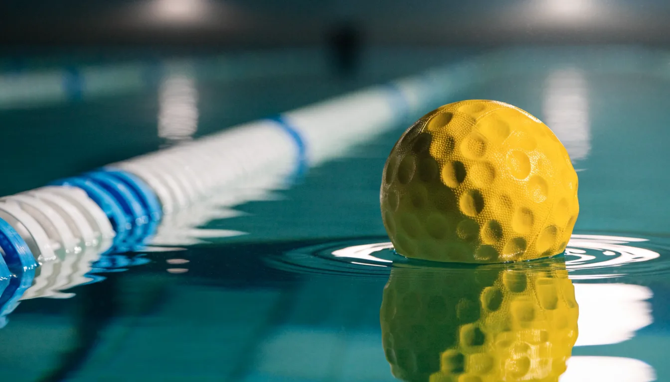 Ein gelber Wasserball treibt in Nahaufnahme auf der Wasseroberfläche neben einer Leine mit Bojen.
