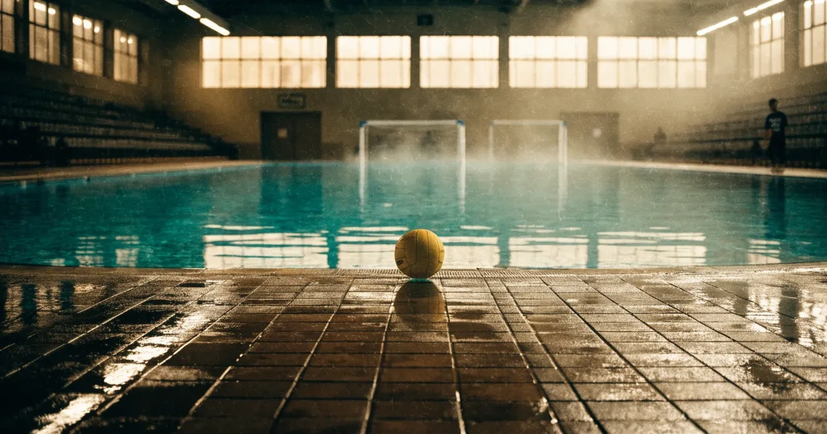 Ein Schwimmbecken mit türkisfarbenem Wasser und zwei schwimmenden Torrahmen am gegenüberliegenden Beckenrand, menschenleer unter Hallenlicht.
