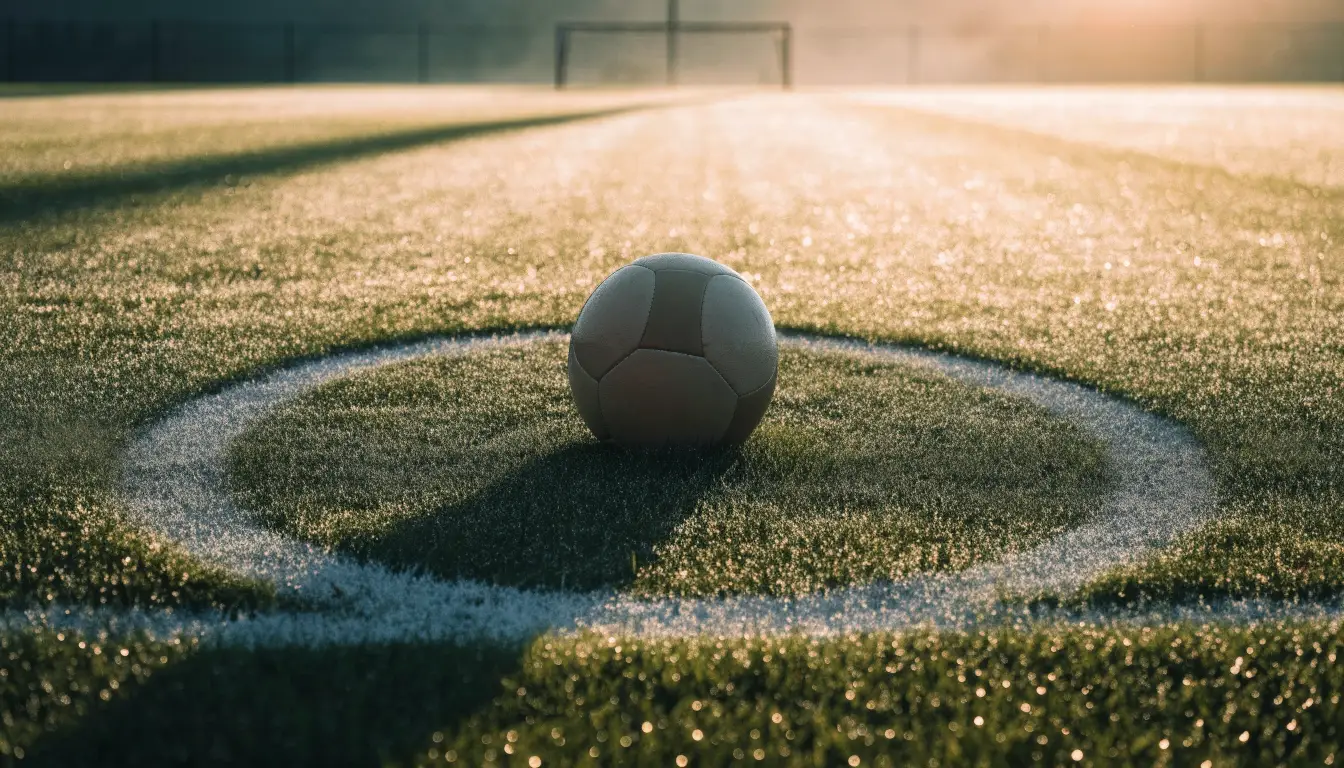 Ein Fußball liegt auf dem Anstoßpunkt eines Rasenplatzes im ersten Morgenlicht, Tau glänzt auf dem Gras.