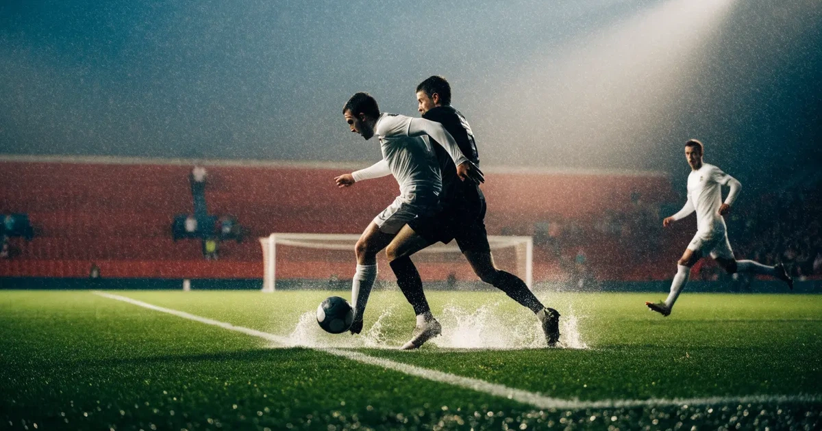 Ein englisches Fußballstadion mit rotbraunen Backsteintribünen unter bedecktem Himmel, davor ein nasser Rasen mit Spielfeldlinien.