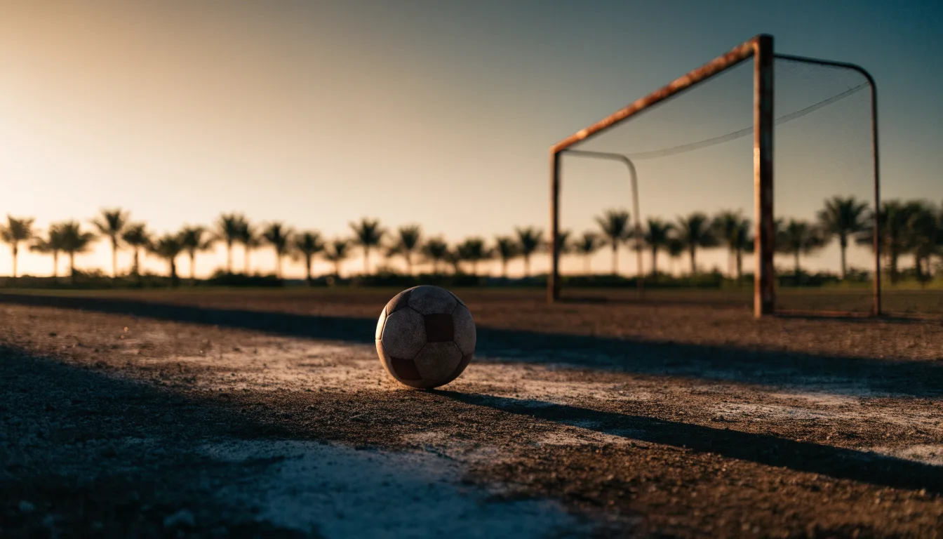 Ein Fußball liegt auf einem staubigen Bolzplatz mit Palmen im Hintergrund in warmem Abendlicht.