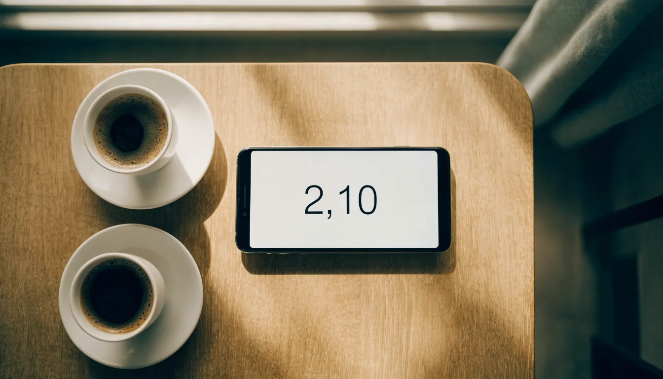 Zwei Kaffeetassen und ein dunkles Smartphone stehen auf einem Café-Tisch am Fenster im Morgenlicht.