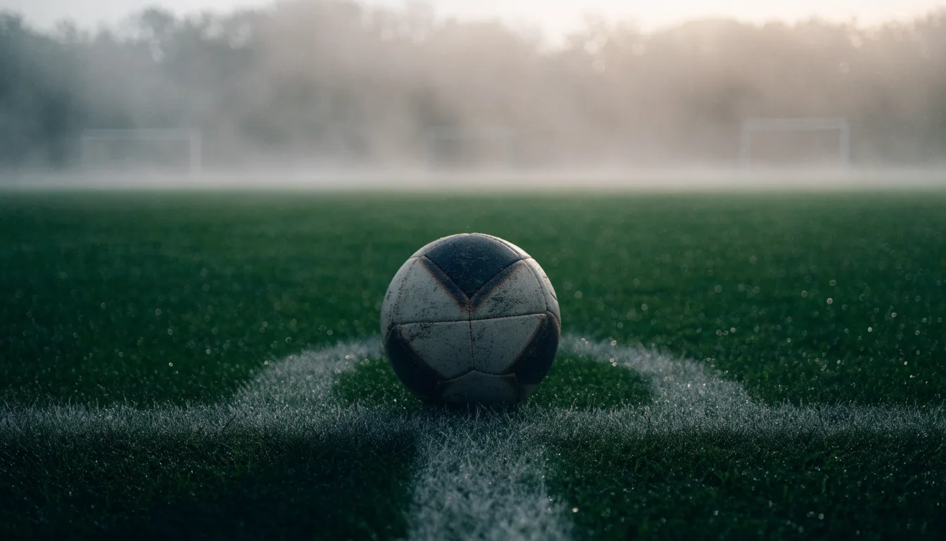 Ein abgewetzter Fußball liegt auf dem Anstoßkreis eines Naturrasens im Morgennebel.