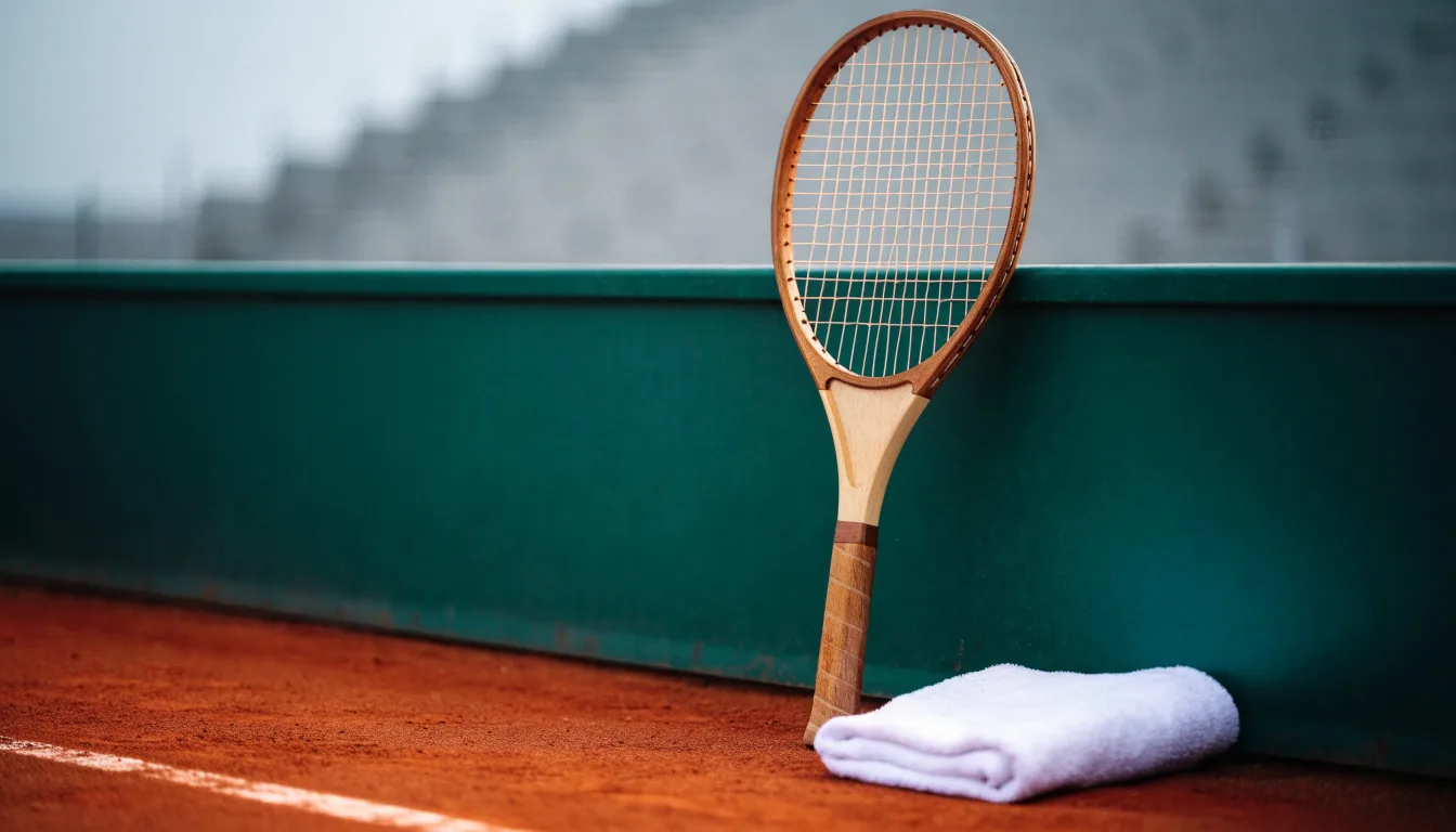 Ein Tennisschläger lehnt an einer dunkelgrünen Bande ohne Aufschrift auf einem Sandplatz, daneben liegt ein Handtuch.