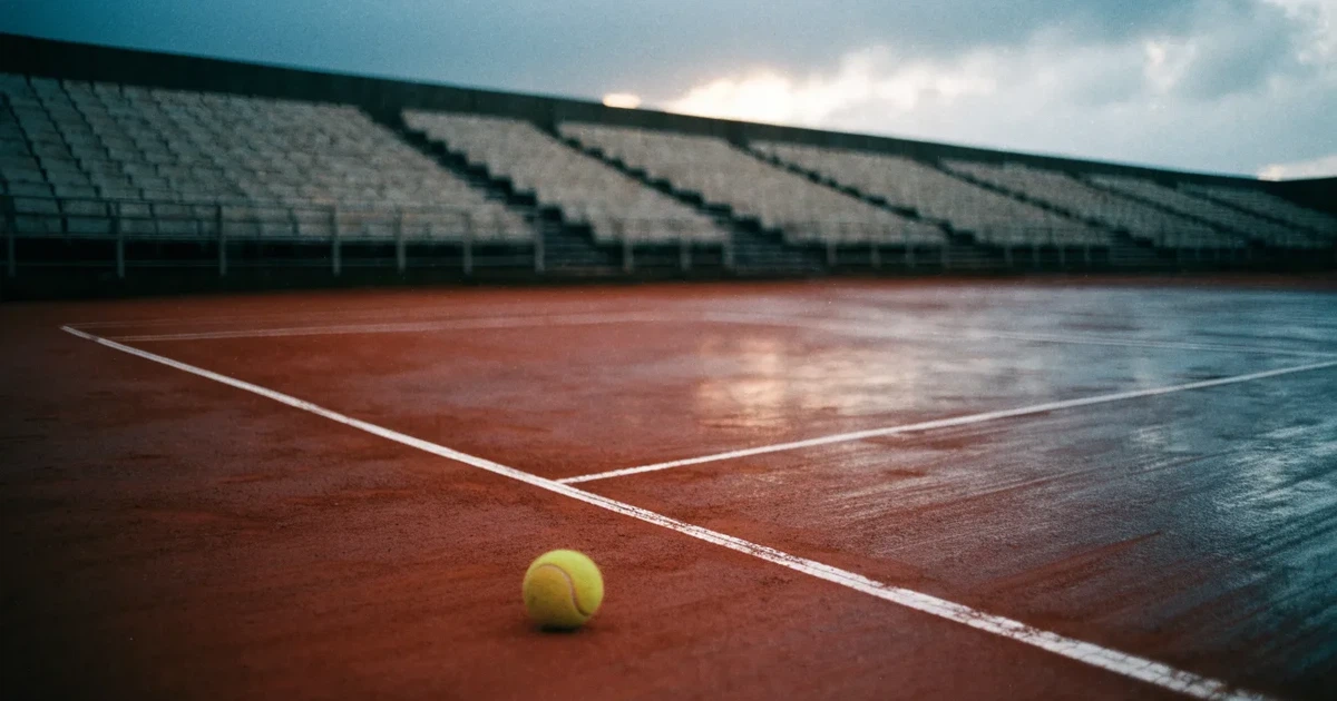 Ein Sandplatz mit rötlichem Belag und gezogenen weißen Linien, ein einzelner Tennisball liegt neben der Linie, im Hintergrund eine leere Tribüne.