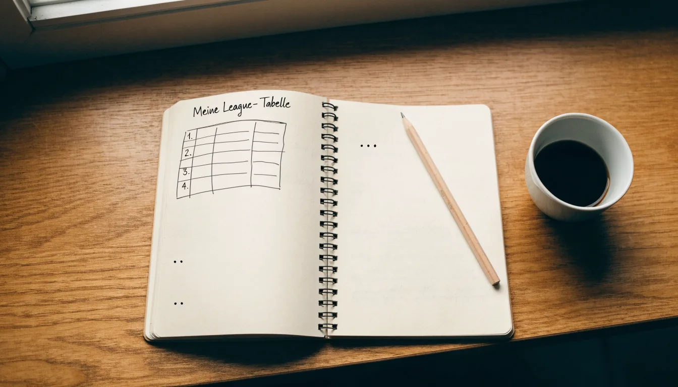 Ein aufgeschlagenes Notizbuch mit handschriftlichen Skizzen liegt neben einem Bleistift auf einem Holztisch, daneben eine Tasse Kaffee.