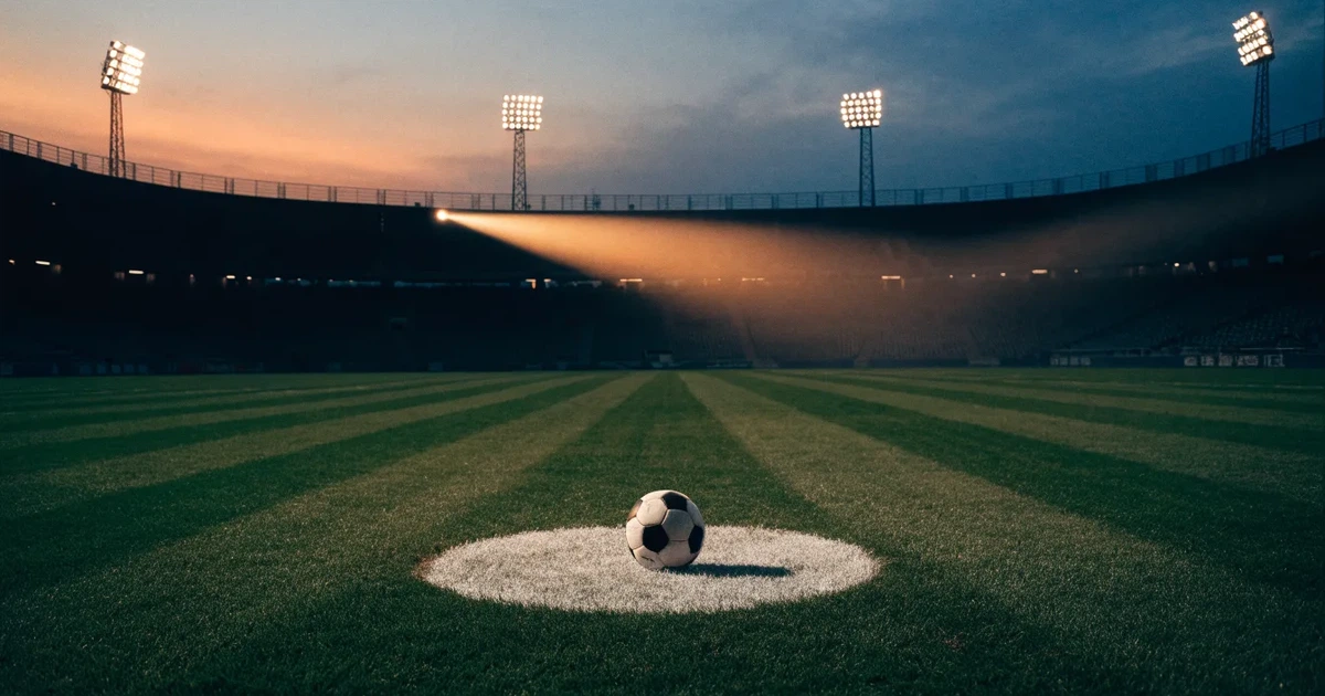 Ein Fußball liegt auf dem Anstoßpunkt eines leeren Rasenplatzes, im Hintergrund eine Tribüne und Flutlichtmasten in der Abenddämmerung.