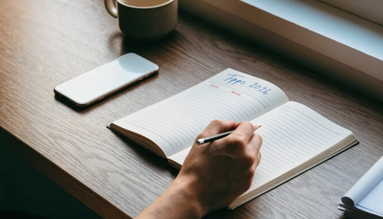 Ein Taschenrechner und ein Bleistift liegen auf einem Schreibtisch neben einem aufgeschlagenen Notizbuch mit handschriftlichen Zahlenreihen.
