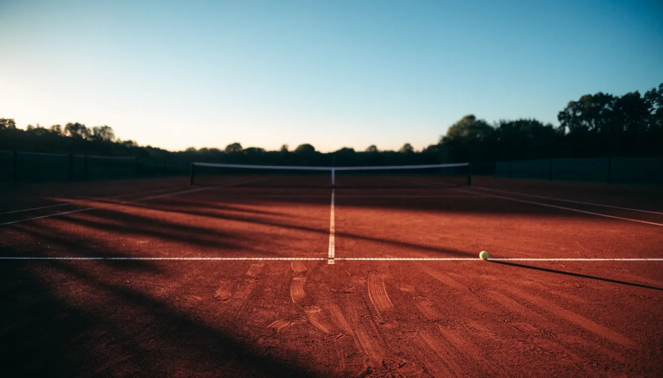 Ein Tennisplatz bei Sonnenaufgang, Netz und Grundlinien im weichen Licht, niemand ist zu sehen.