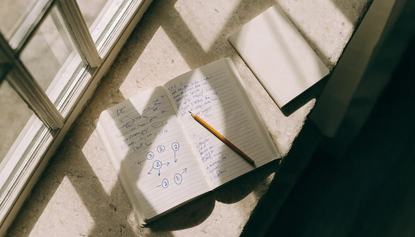 Ein aufgeschlagenes Notizbuch mit handschriftlichen Skizzen und ein Bleistift liegen auf einer Fensterbank im Tageslicht.
