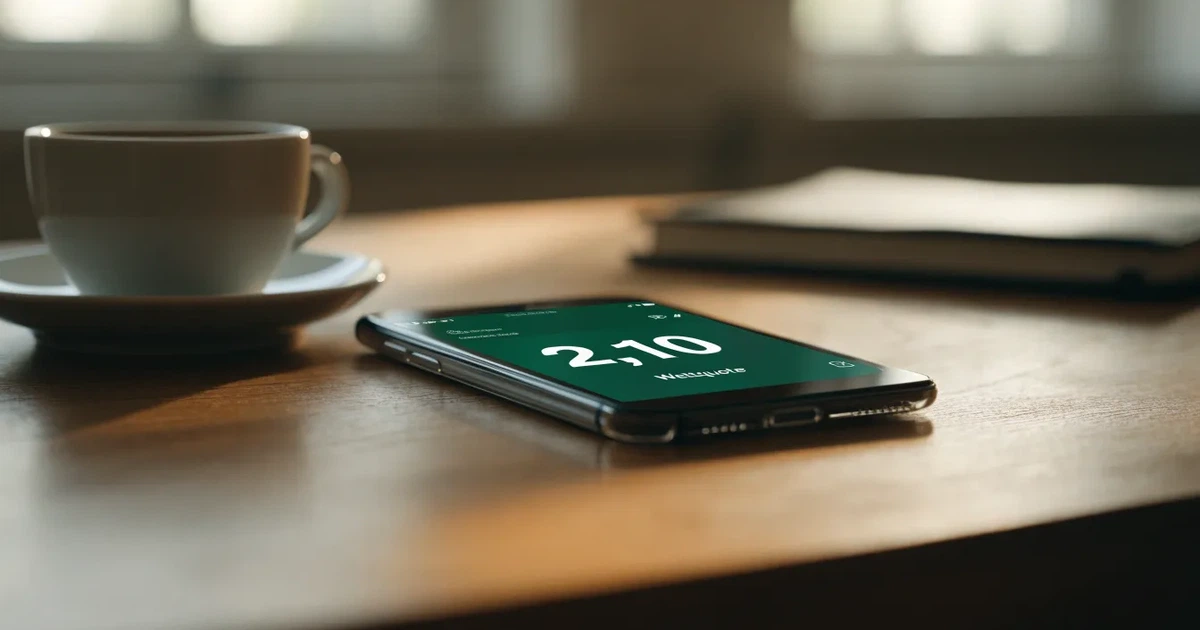 Ein Smartphone mit dunklem Display liegt auf einem Holztisch neben einer Tasse Kaffee, im Hintergrund ein unscharfes Fenster.
