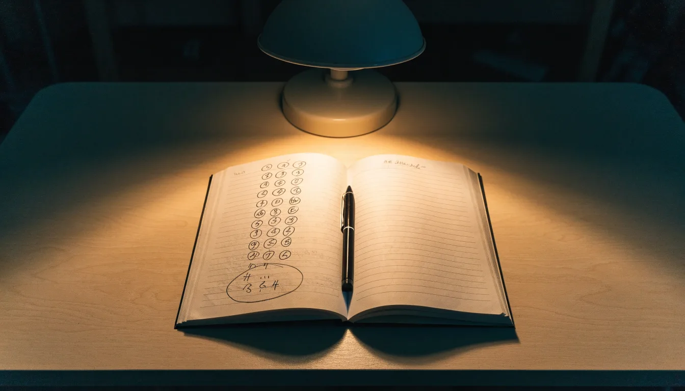 Ein Taschenrechner und ein Notizbuch mit handschriftlichen Zahlenreihen liegen auf einem Schreibtisch unter einer Lampe.