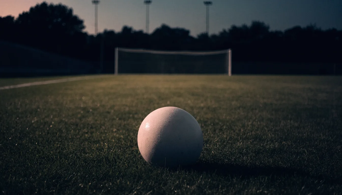 Ein Fußball liegt im Gras eines leeren Platzes, im Hintergrund stehen Flutlichtmasten in der Dämmerung.