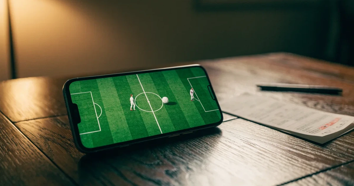 Ein leeres Stadion unter Flutlicht aus großer Entfernung gesehen, Dunst liegt über dem Rasen, die Tribünen sind nur als Lichtpunkte erkennbar.