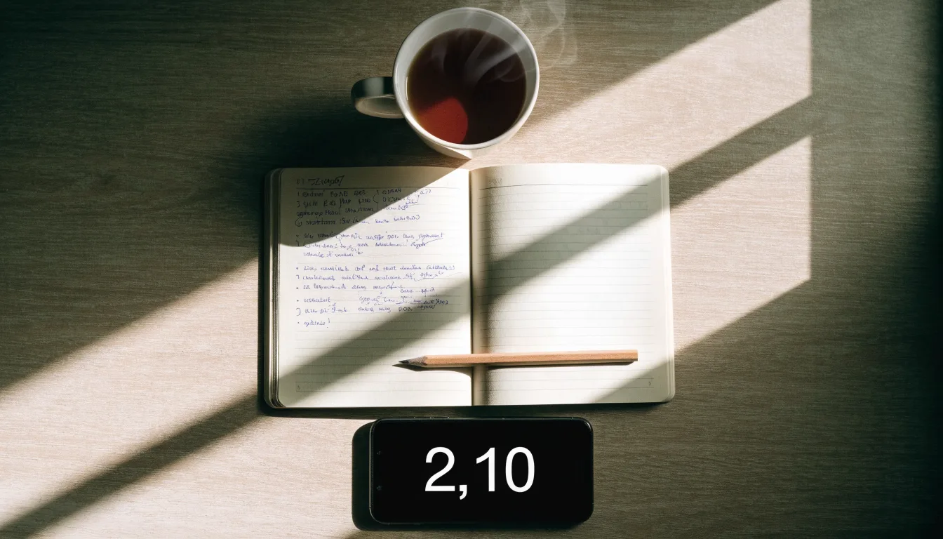 Ein aufgeschlagenes Notizbuch mit handschriftlichen Skizzen und ein Bleistift liegen auf einem Schreibtisch neben einer Tasse Tee.
