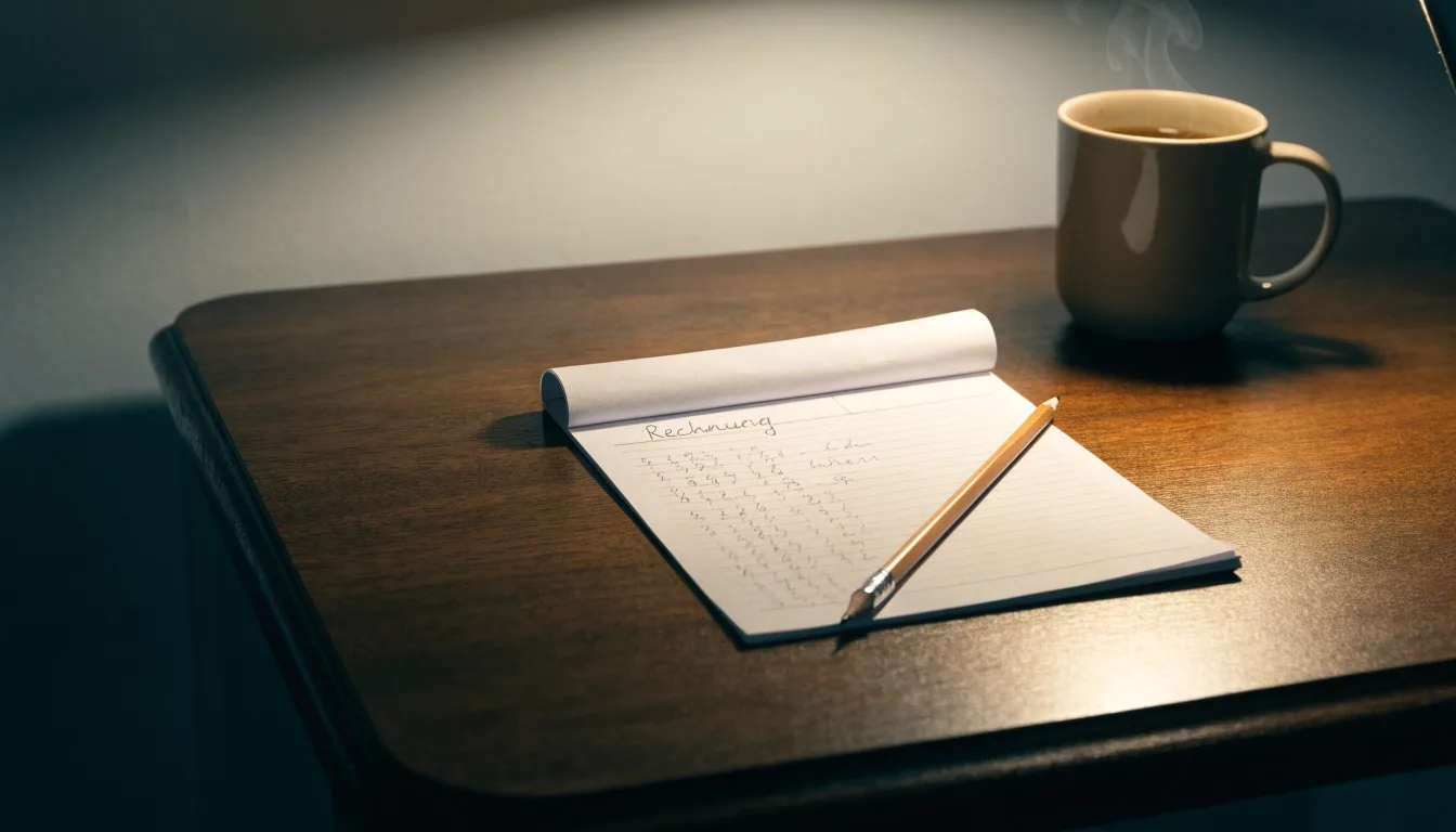 Ein Taschenrechner und ein Bleistift liegen auf einem Schreibtisch neben einer Tasse Kaffee im Licht einer Lampe.