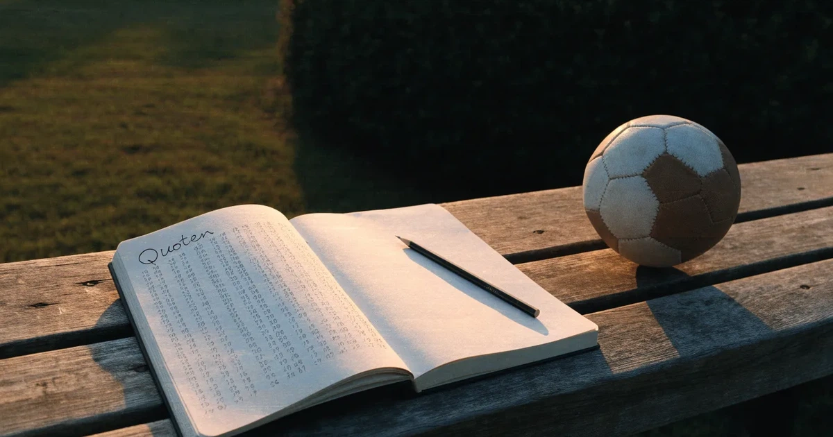 Ein Notizbuch mit handschriftlichen Zahlenkolonnen und ein Bleistift liegen neben einem Fußball auf einer Holzbank.