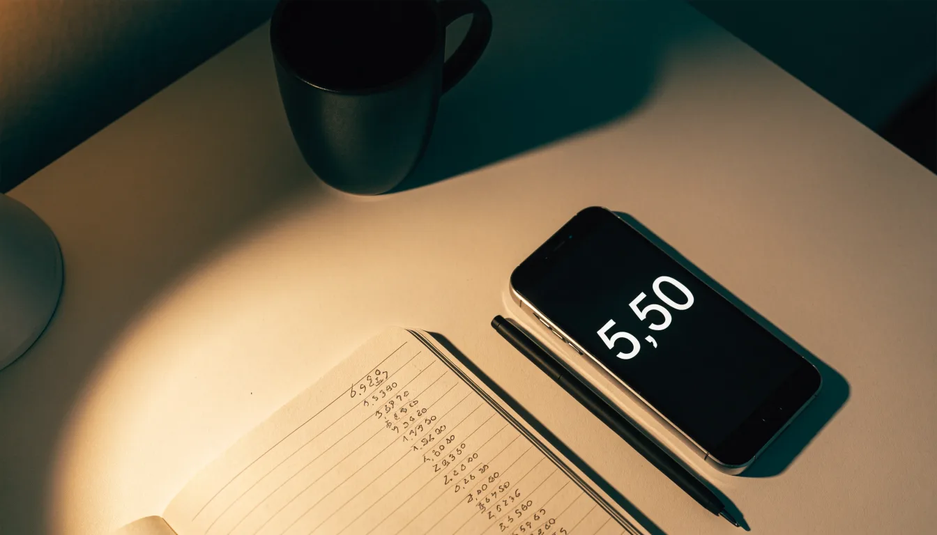 Ein Taschenrechner und ein aufgeschlagenes Notizbuch mit handschriftlichen Zahlenreihen liegen unter einer Schreibtischlampe.