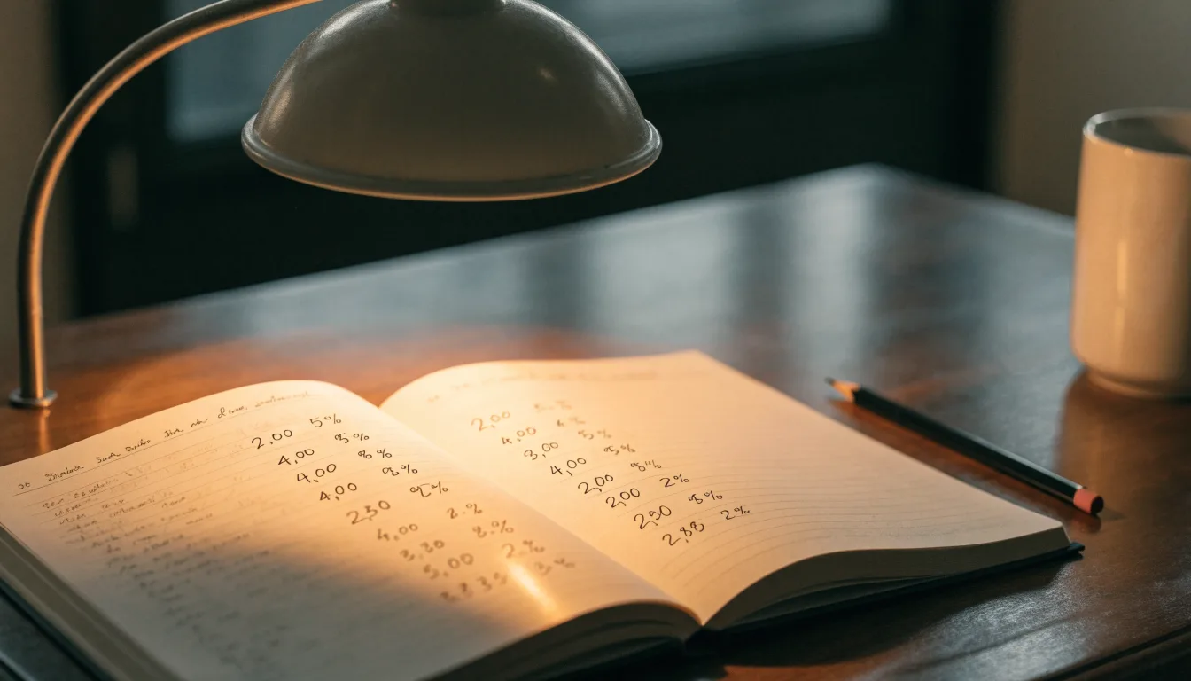 Ein Taschenrechner und ein aufgeschlagenes Notizbuch mit handschriftlichen Zahlenreihen liegen unter einer Schreibtischlampe.