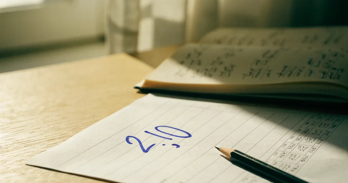 Eine Balkenwaage aus Messing steht im Gleichgewicht auf einem hellen Tisch, links und rechts je eine Münze, dahinter eine unscharfe Wand.