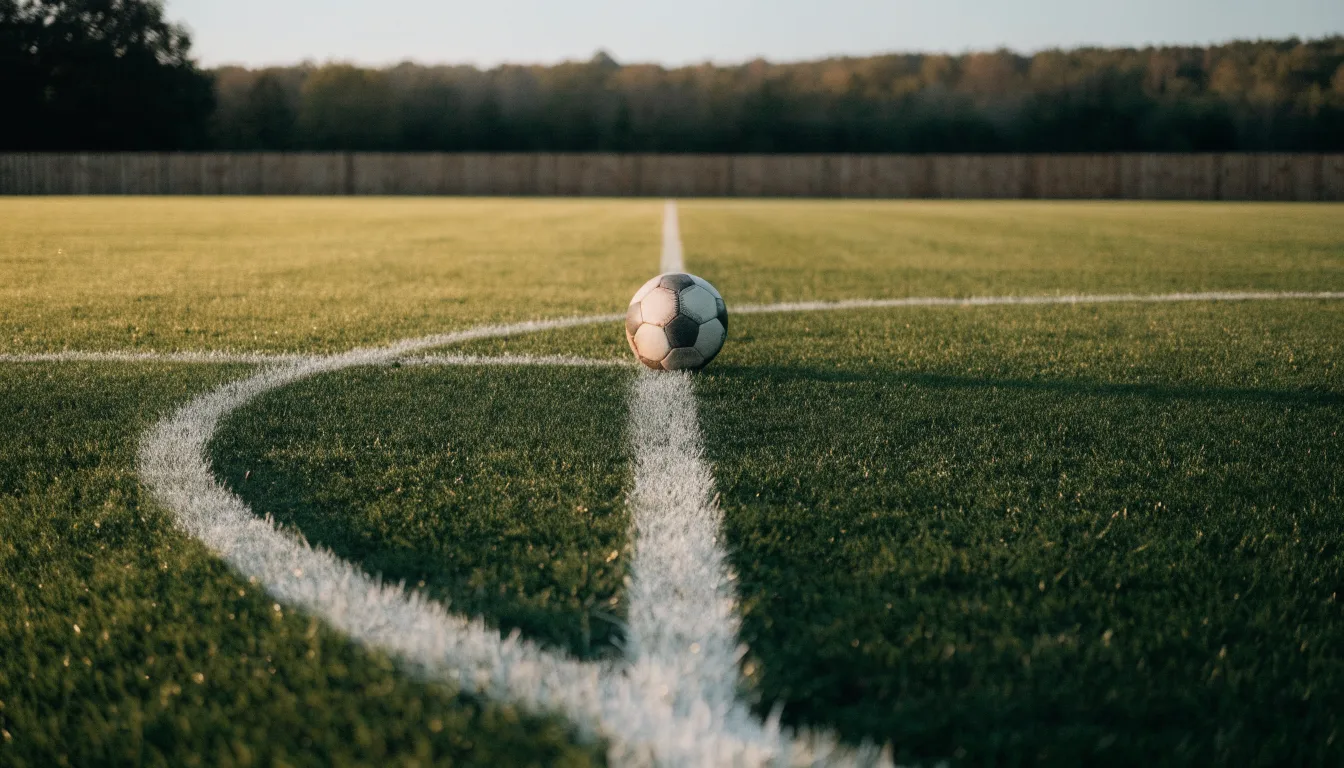 Ein Fußball liegt allein auf dem Anstoßpunkt eines leeren Rasenplatzes im Morgenlicht, am Rand ein niedriger Zaun.