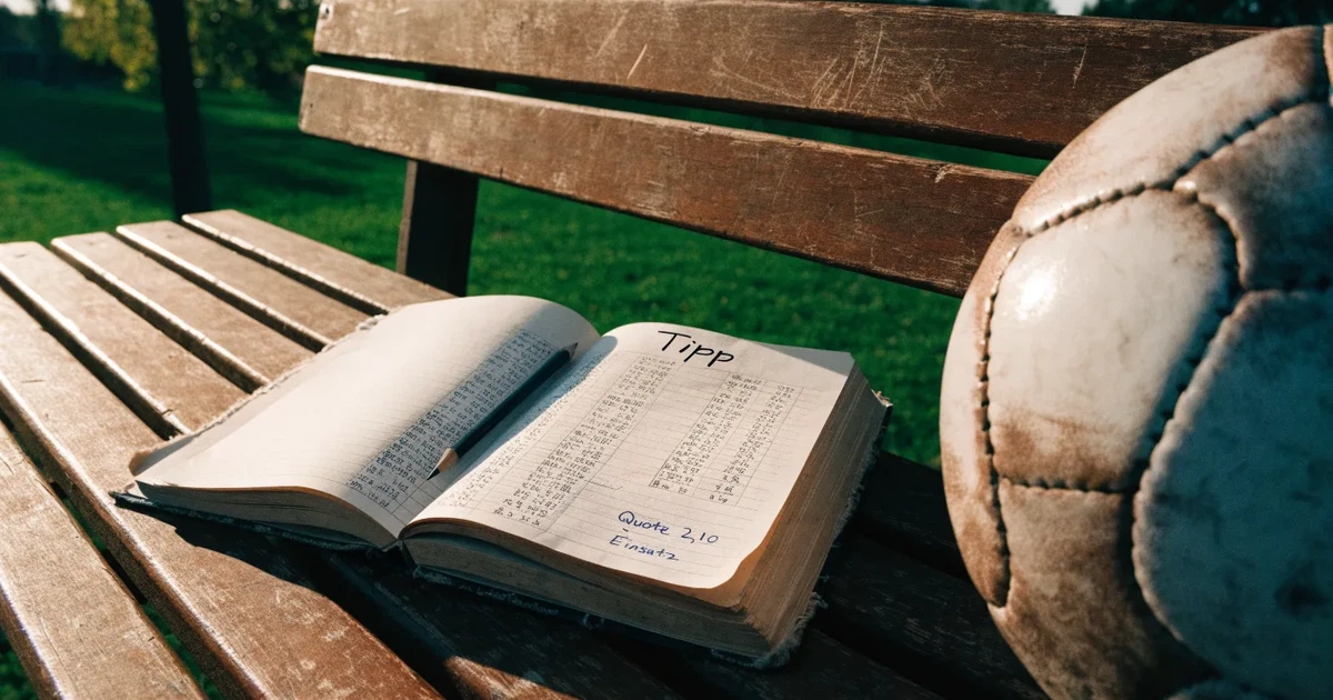 Ein Notizbuch mit handschriftlichen Zahlenkolonnen und ein Bleistift liegen neben einem Fußball auf einer Holzbank.