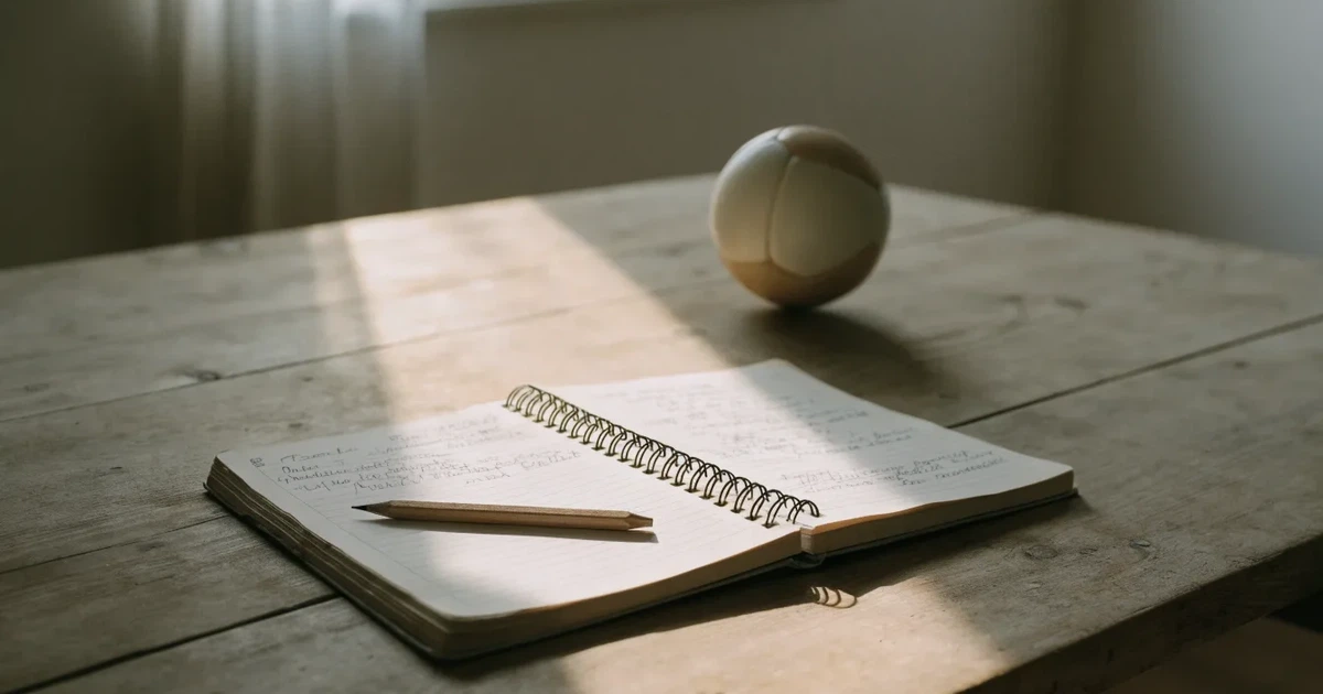 Ein Notizbuch mit handschriftlichen Notizen und einem Bleistift liegt auf einem Holztisch, daneben ein kleiner Fußball im weichen Tageslicht.