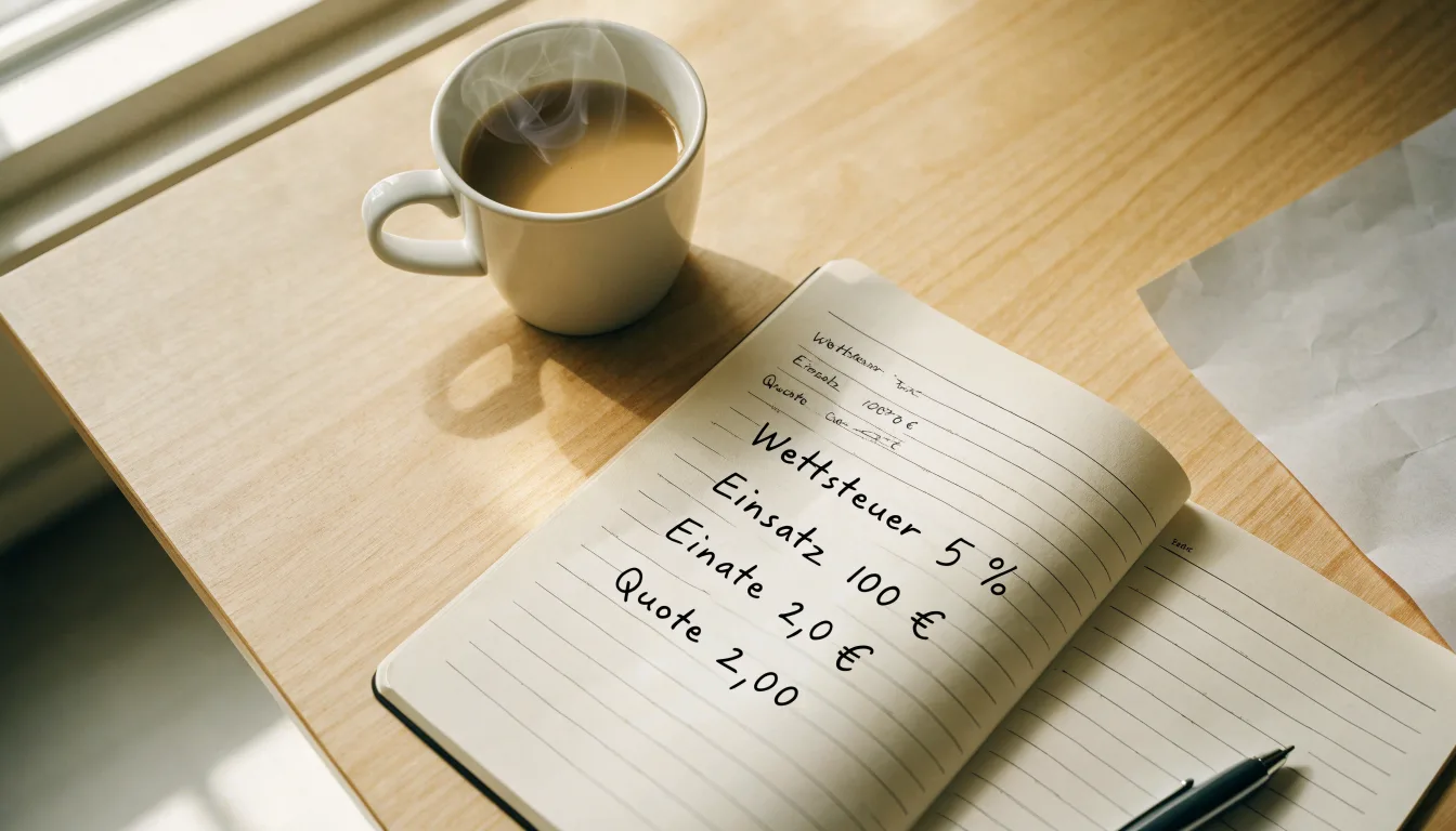 Ein Notizbuch mit handschriftlichen Rechnungen und ein Taschenrechner liegen auf einem hellen Schreibtisch neben einer Kaffeetasse.