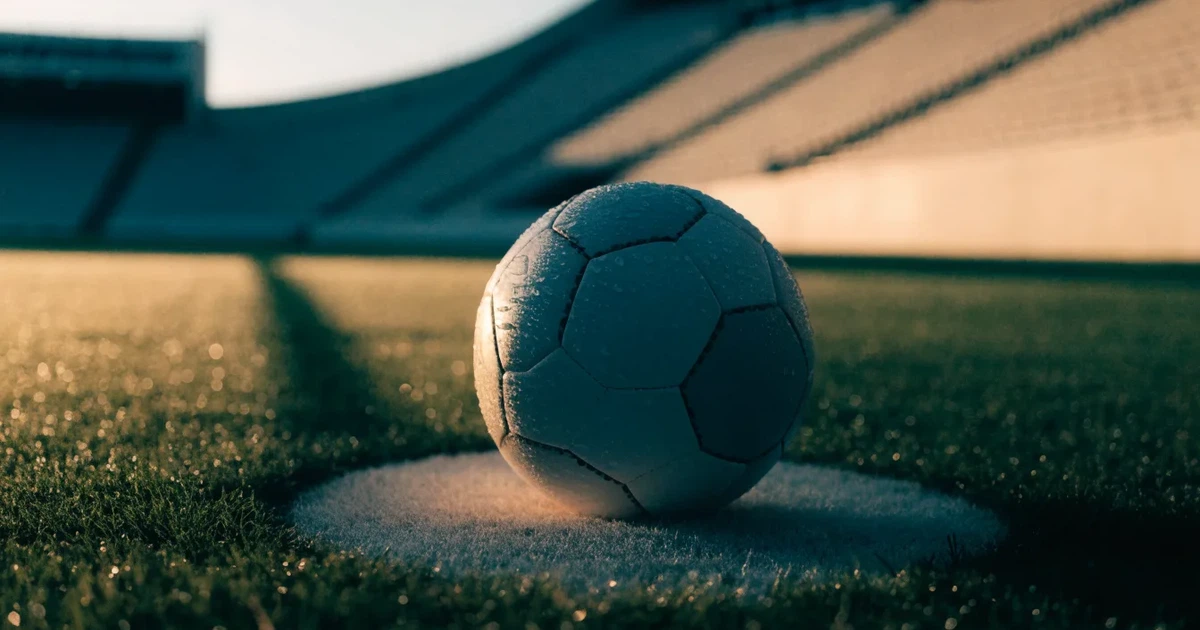 Ein Fußball liegt auf dem Anstoßpunkt eines Rasenplatzes, dahinter leere Tribünen im Licht des frühen Morgens.