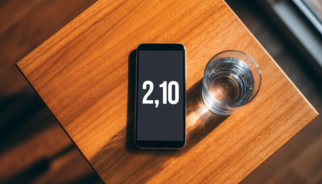 Ein Smartphone liegt mit dem Display nach unten auf einem Holztisch neben einem Glas Wasser, Abendlicht fällt durch ein Fenster.