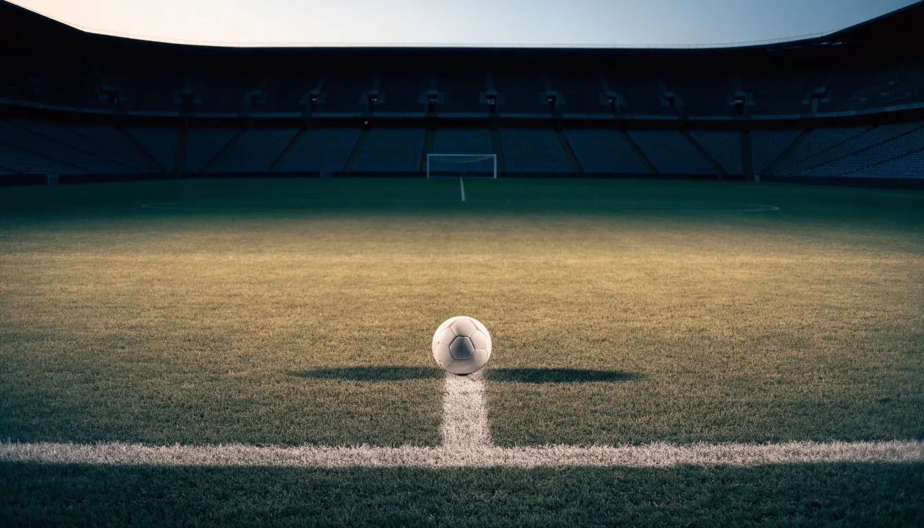 Ein Fußball liegt auf dem Anstoßpunkt eines leeren Rasenplatzes, dahinter ragen dunkle Ränge in den Abendhimmel.