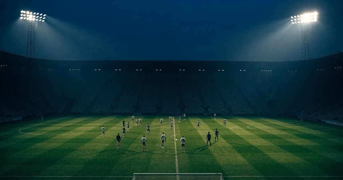 Ein Fußballstadion am Abend unter Flutlicht aus der Ferne gesehen, die Tribünen sind leicht beleuchtet und der Himmel dunkelblau.