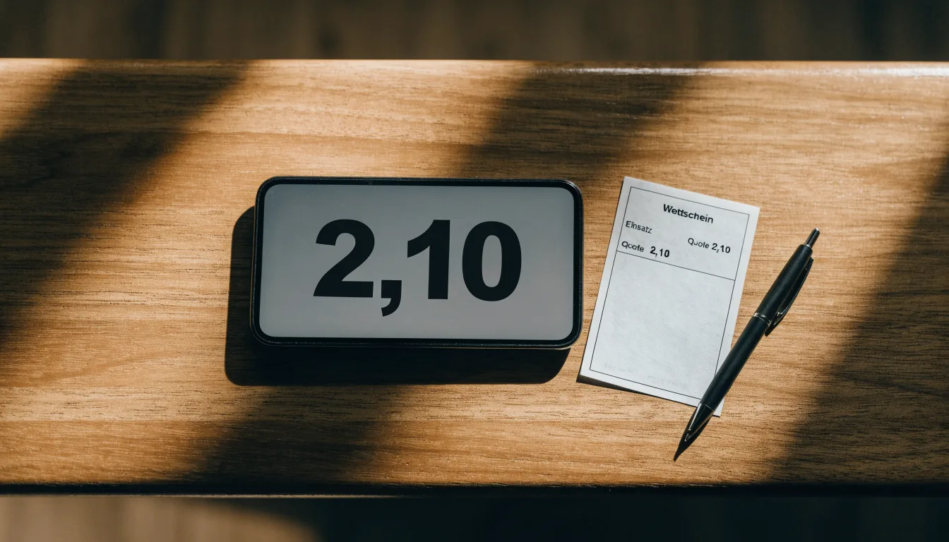 Ein Smartphone mit dunklem Display liegt neben einem leeren Papier-Wettschein und einem Stift auf einem Holztisch.