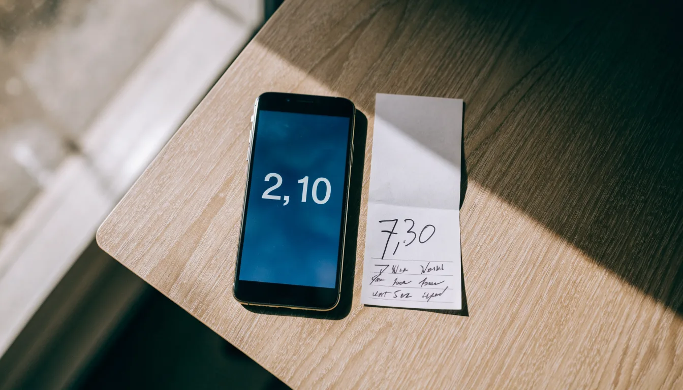 Ein Smartphone liegt mit dunklem Display auf einem Holztisch neben einem leeren Papier-Wettschein, Licht fällt von einem Fenster.