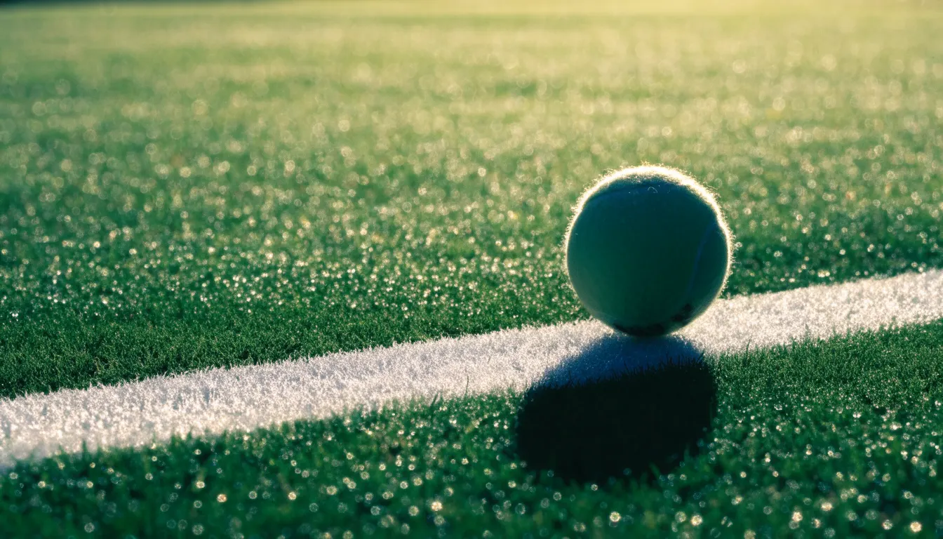 Ein Tennisball liegt auf frisch gemähtem Gras neben einer weißen Linie, Tautropfen glänzen im Gegenlicht.