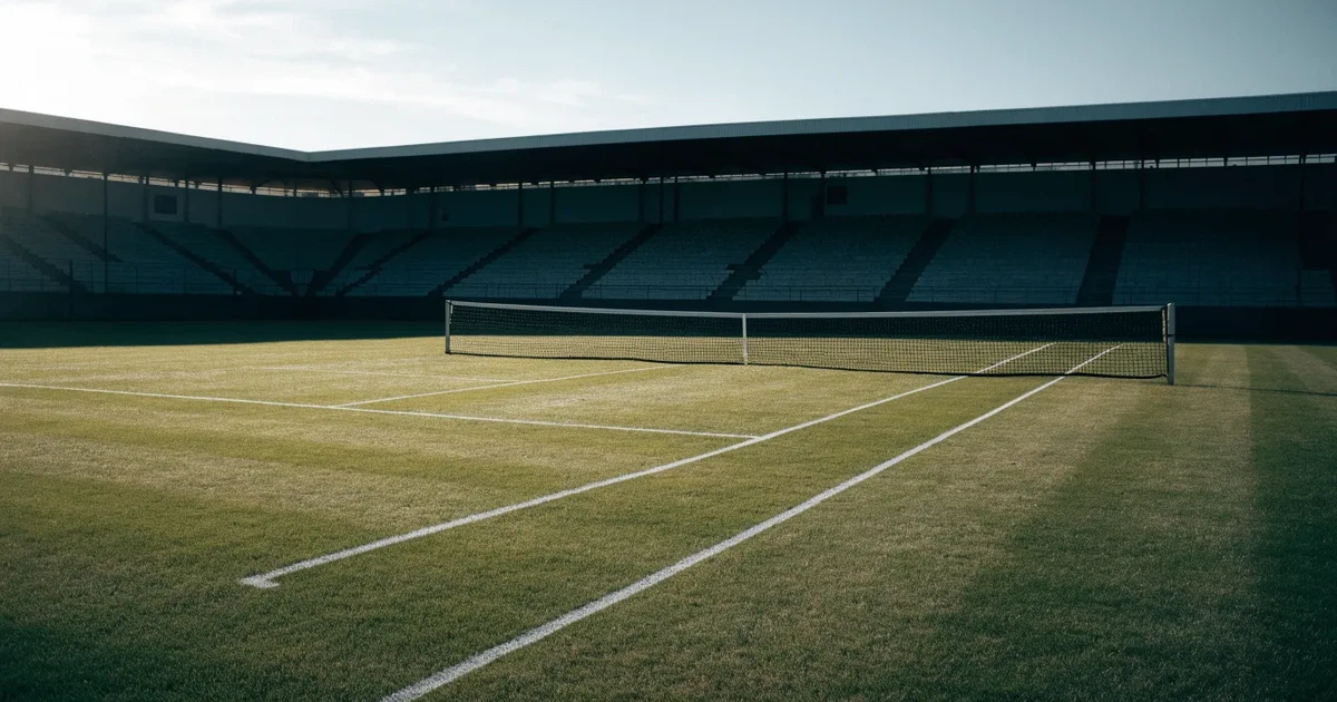 Ein Tennisplatz mit Rasenbelag im Morgenlicht, Netz und weiße Linien, im Hintergrund eine ruhige Tribüne.