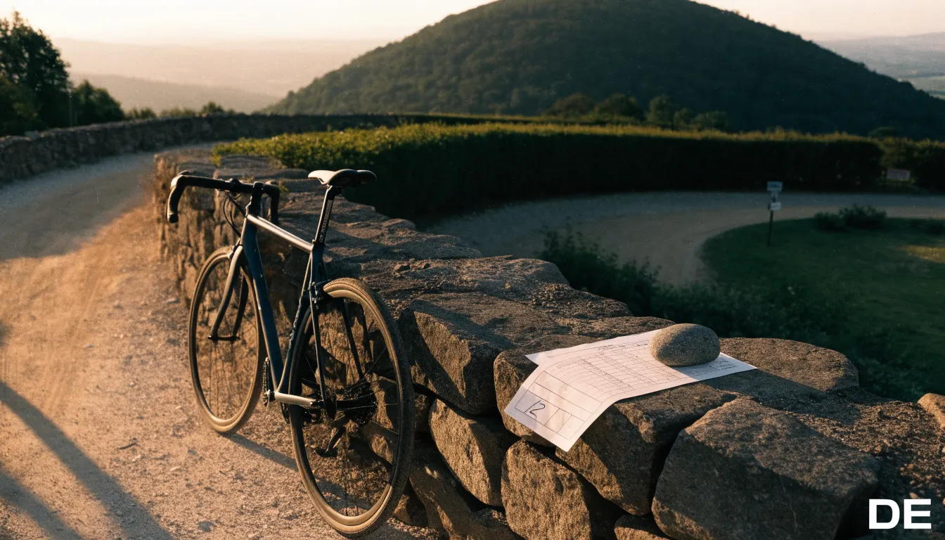 Ein Rennrad lehnt an einer Steinmauer in einer Bergkurve, im Hintergrund eine weite Hügellandschaft im Gegenlicht.