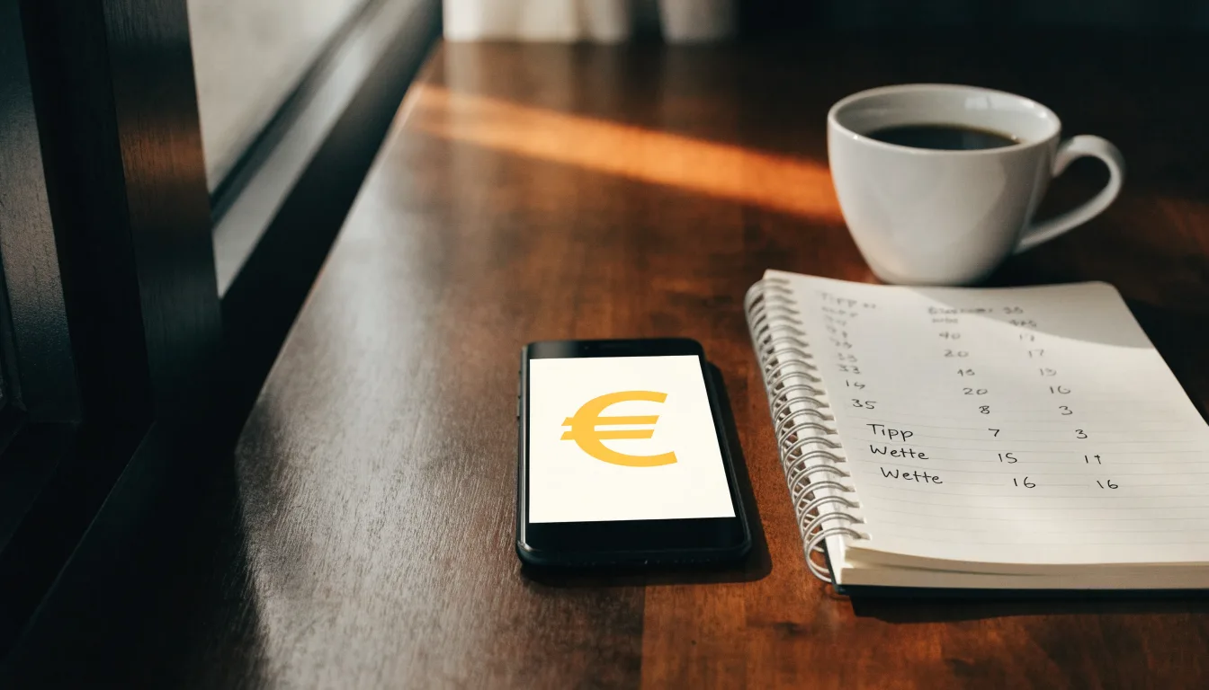 Ein Smartphone liegt auf einem Tisch neben einem Notizbuch mit handschriftlichen Notizen und einer Tasse Kaffee.