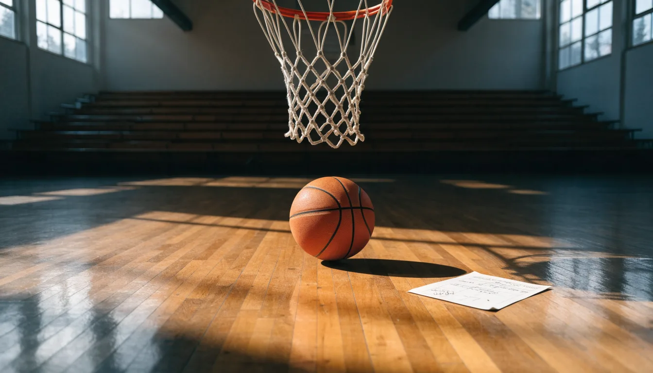 Ein Basketballkorb in einer leeren Halle, der Ball liegt unter dem Brett auf dem Parkett.
