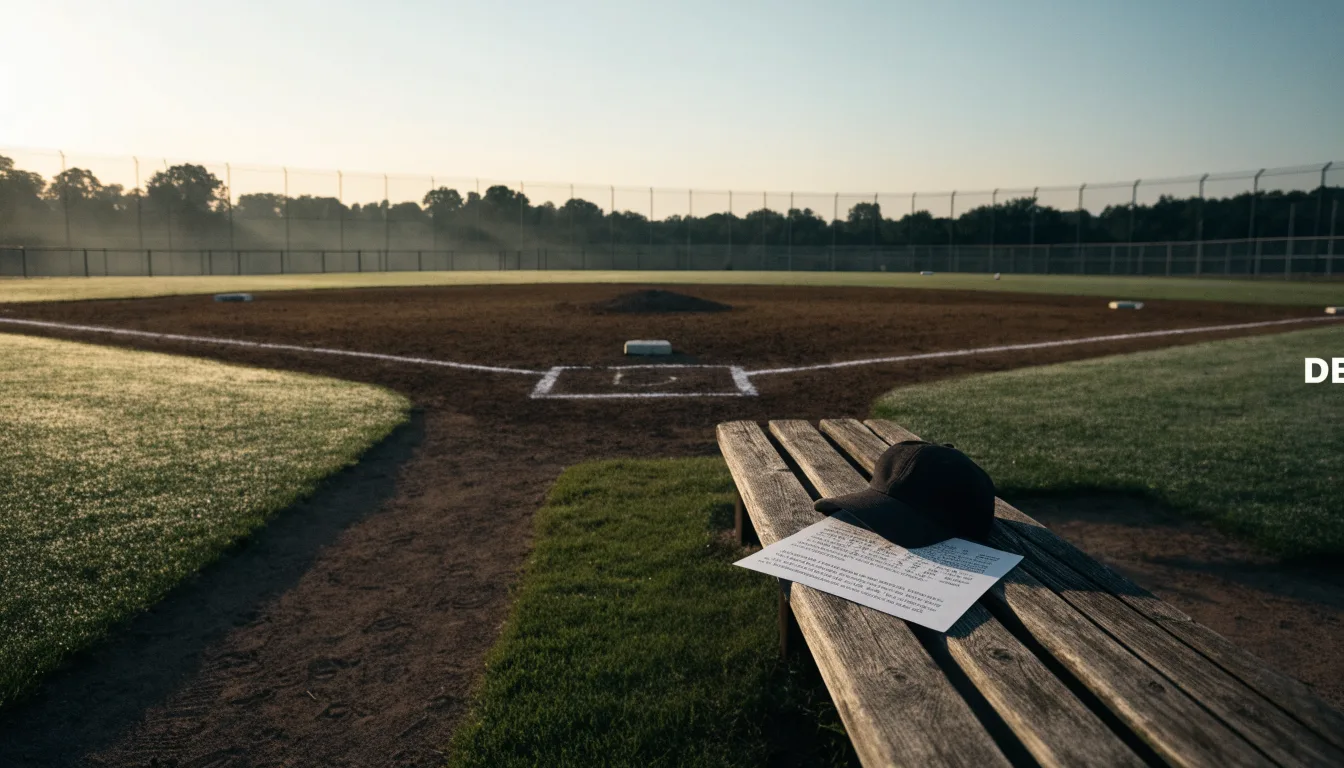 Ein Baseballfeld mit leerem Infield im Morgenlicht, die Linien frisch gezogen, keine Spieler im Bild.