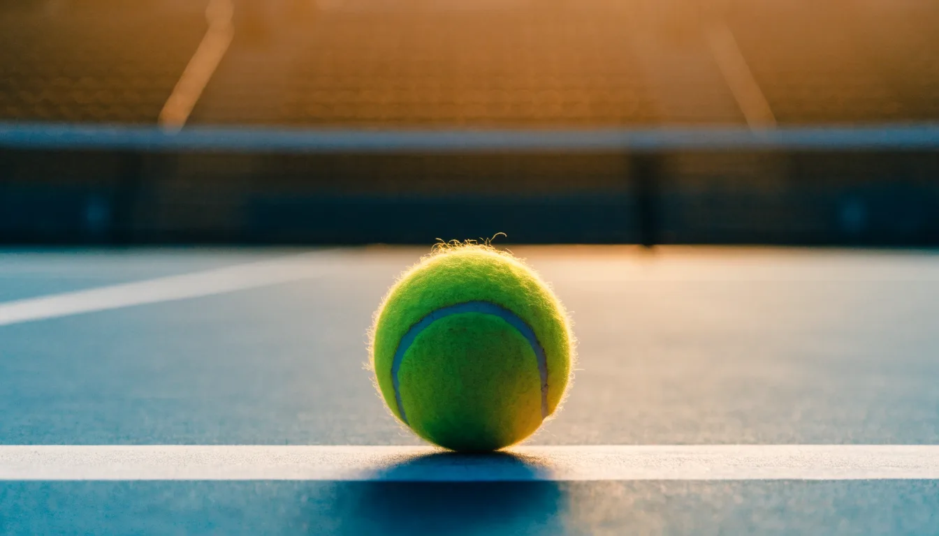 Ein Tennisball liegt in Nahaufnahme auf einer Grundlinie, dahinter verschwimmt ein leerer Platz in warmem Licht.