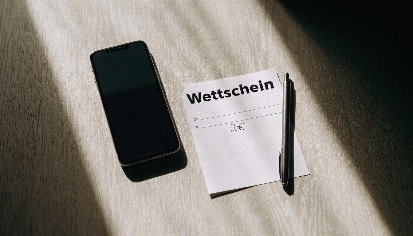 Ein Smartphone mit dunklem Display liegt neben einem leeren Papier-Wettschein auf einem Tisch, Licht fällt von der Seite.