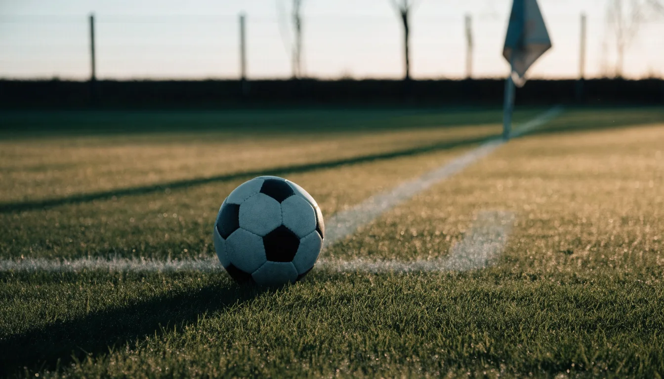 Ein Fußball liegt auf Rasen neben einer Eckfahne ohne Aufdruck auf einem leeren Platz im Morgenlicht.