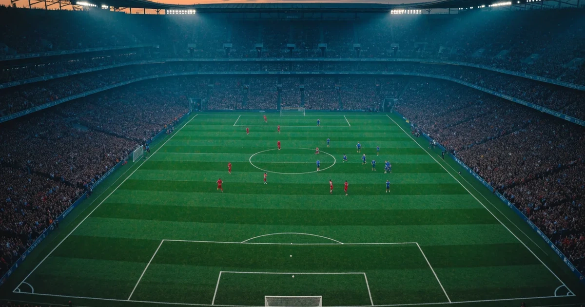 Ein riesiges Stadion in der Abenddämmerung aus der Vogelperspektive gesehen, die Lichter an den Rängen sind eingeschaltet.