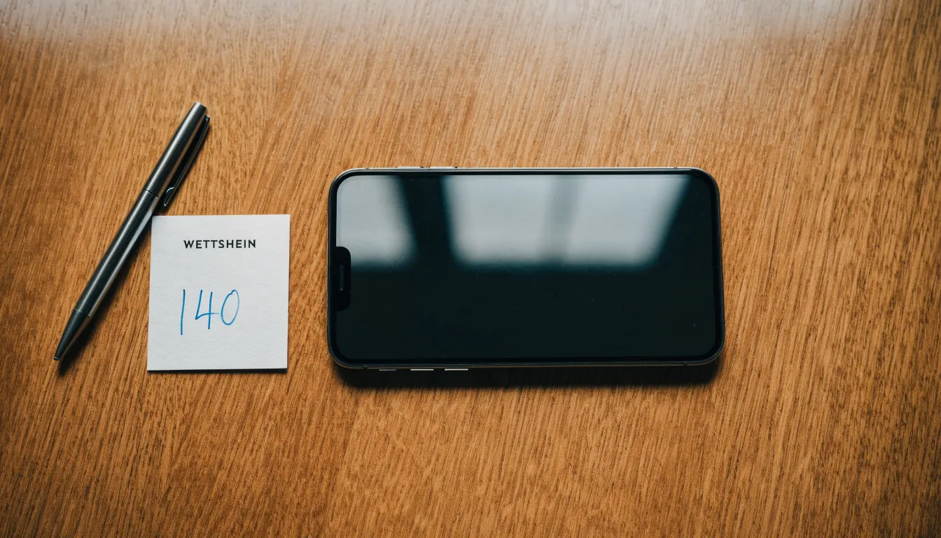 Ein Smartphone liegt mit dunklem Display neben einem leeren Papier-Wettschein und einem Stift auf einem Holztisch.