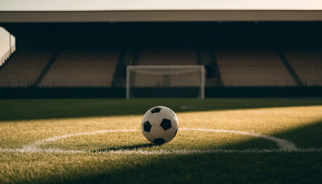 Ein Fußball liegt auf dem Anstoßpunkt eines Rasenplatzes, dahinter eine leere Tribüne im Abendlicht.