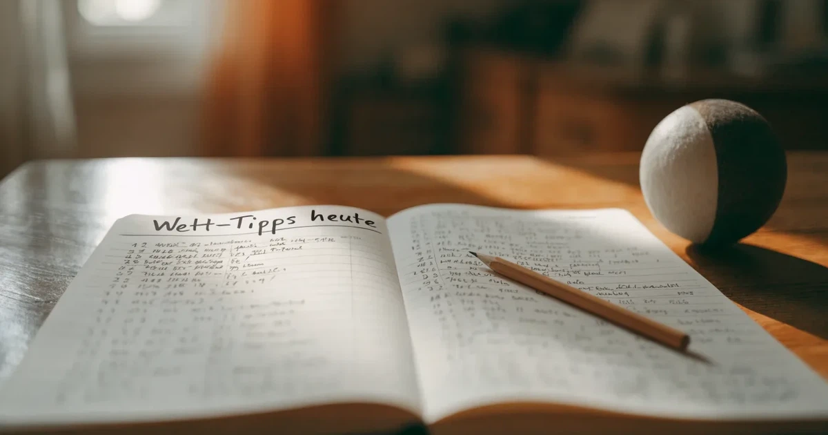 Ein Notizbuch mit handschriftlichen Notizen und einem Bleistift liegt auf einem Holztisch, daneben ein kleiner Fußball im Tageslicht.