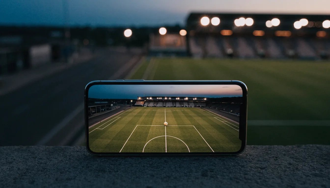 Ein Stadion unter Flutlicht aus großer Entfernung, davor eine leere Straße in der Abenddämmerung.