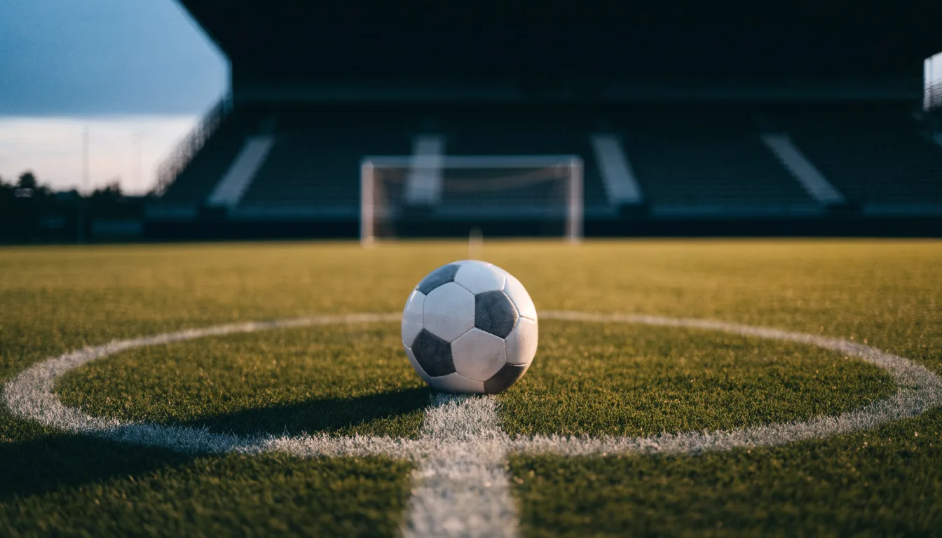 Ein Fußball liegt auf dem Anstoßpunkt eines Rasenplatzes, dahinter eine leere Tribüne im Abendlicht.