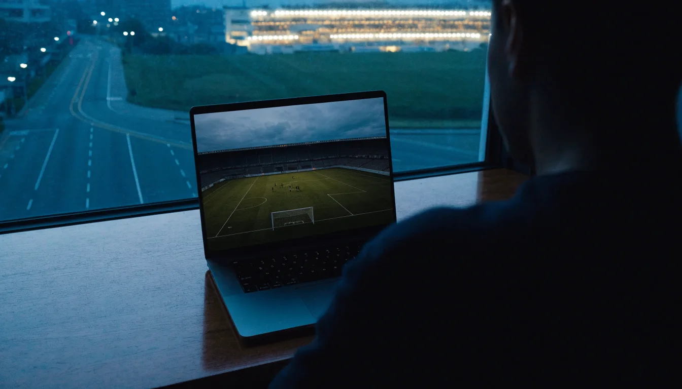 Ein Stadion unter Flutlicht aus großer Entfernung, davor eine leere Straße in der Abenddämmerung.
